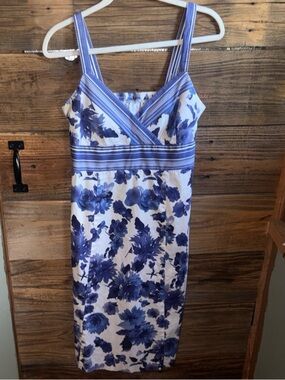 madison leigh Blue and White Floral Midi Dress with Strappy V-Neck